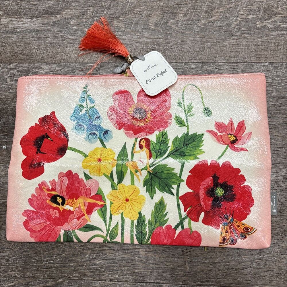 Hallmark Oana Befort Floral Zip Pouch Pink Butterfly Woman Makeup New 14X9”